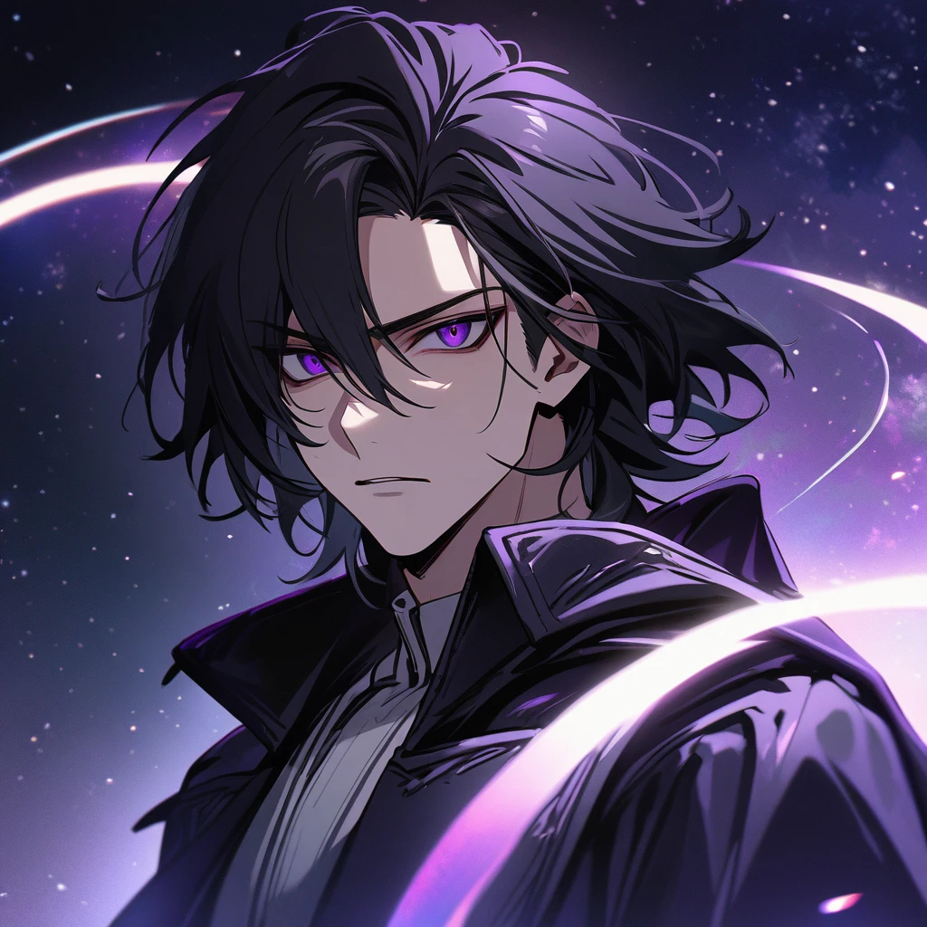 High quality, HD, 4k, no shadows, handsome male, handsome, 1male, 18 years old, mature, jet black hair, short black hair, dark hair, black hair, jet black hair, sharp eyes, deep purple colored eyes, dark purple colored eyes, deep purple eyes, purple eyes, devil may cry, close up, calm expression, stoic expression, black leather clothes, white leather clothing, lean body, well trained body, upper body, looking at viewer, cowboy shot, white solar, space background