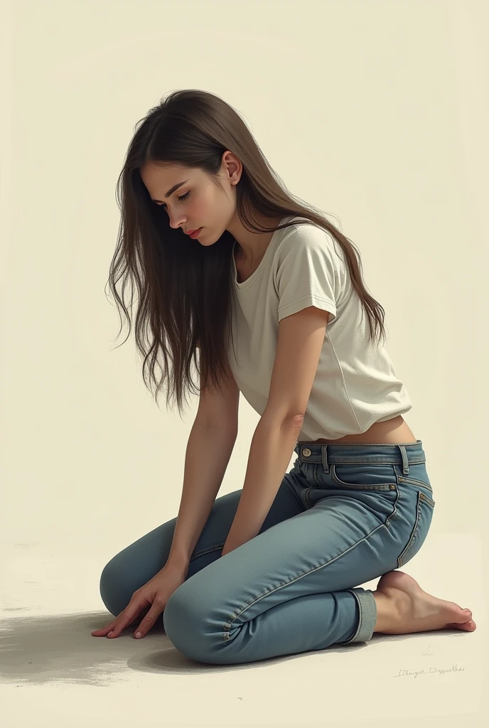 Woman in jeans and long sleeve t-shirt kneeling on the floor touching the floor with bend over slouch front view