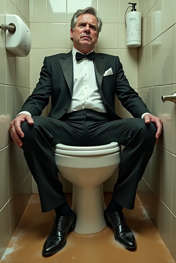 Man in formal clothes stuck with his legs inside a toilet stained with poop