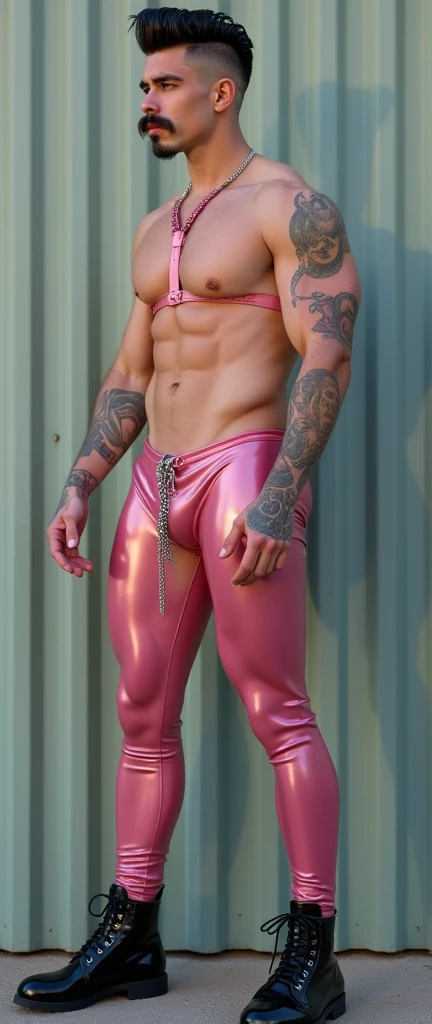 Fullbody standing picture of white skin Handsome muscular horny nude sexy gay boy wearing sexy shiny pink latex harness, shiny black Disconnected Pompadour oiled hair style, mustache, blue eyes, shiny black varnished vinyl shoes, red lip, chain, tattoos, horny, cum shot, sperm, milking penis, big penis, very big testicle, shiny oiled skin, orgasm, oversexed, standing at outdoor.