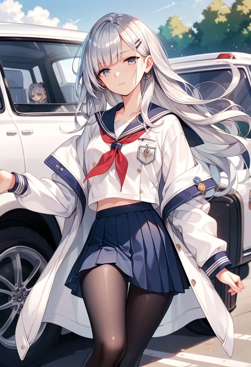 Anime Style,beautiful girl,Layering,((On the outside, he is half-dressed in a white coat.)),(Sailor collar uniform),shirt, Pleated skirt,(Black Pantyhose),Air Van, Long Hair, (Silver Hair),