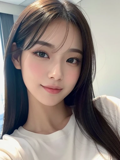 masterpiece、Highest quality、photorealistic、Ultra high definition、High resolution、16K wallpaper、Super detailed、Fine details、Cinema lighting、In a white room with a glass base、Selfie of one woman, Highly detailed face and skin texture、Natural Makeup、A small smile、Detailed eyes、Symmetrical black eyes、Inward layered medium hair、High quality white tight t-shirt、Gorgeous girl, Japanese Gravure Idol