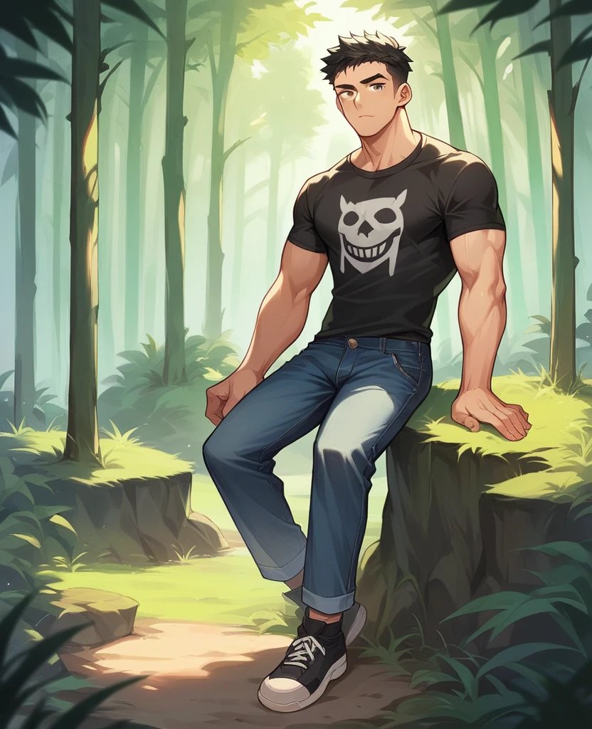 There is a young man with a handsome face and long black hair and black eyes in a sunny bamboo forest, a thoughtful attentive expression on a handsome face, full-length, dressed in a simple batik shirt and denim pants