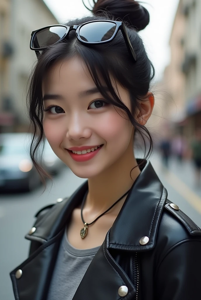 Beautiful young woman of the year、 Korean women、Black Hair、Hairstyle bun、Necklace around the neck、sunglasses、leather jacket、shirt、smile, Beautiful teeth alignment、Intricate details, Very detailed:1.2), 、 Looking into the camera,The background is the town、Ear piercing