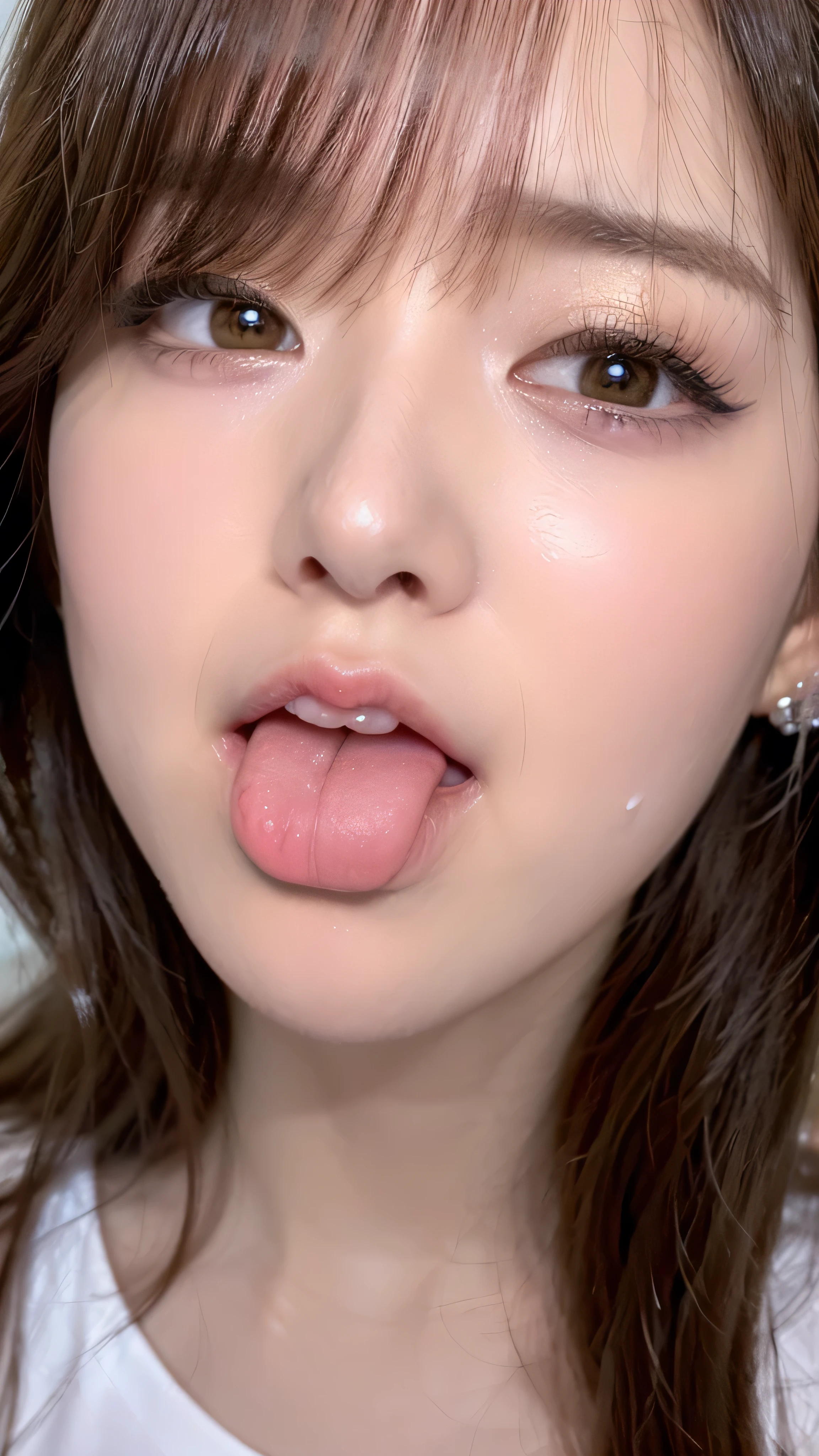 (Highest quality、realism、8k、32K、masterpiece、masterpiece:1.2、Highest quality:1.2、Very detailed:1.2、Ultra-high resolution:1.2、Best Shadow、Photorealistic photography、Very delicate and elaborate skin、high-resolution16Kfor human skin、Adjust to natural skin tone、Highly detailed and realistic representation of human lips、Highly detailed and realistic human eye)The background is black and dark、Staring from a subjective camera perspective、put both knees on the ground、Leaning forward、((Front view, View your viewers, Shooting from above:1.8, Upturned eyes:1.8))、Close-up of face from close range、(Delusion、abyss、Bad Dreams、Watery eye)、((Open your mouth wide and show your tongue.5))、Wear a white square-neck dress、Open style)Instead of letting your hair down、Please tie it at the back、Apply moisturizing lotion to your face:1.5、Change to short hair、Expose both ears、beautiful、cute、Shyness、Sex Appeal、unsuitable、conversion、squint、squint:1.3、(Charm, Narrow eyes、Long face、Long, narrow jaw、Mole under the eye)Captivating body、Whitening skin with attention to detail、look up、Open your mouth and hollow out your cheeks:1.8、With eyes wide open, The students expanded、Realistic nose、Elongated C-shaped nostrils、Sweaty skin:1.5、Illumination for glowing skin:1.3、(Pointed nose)、Skin shiny with sweat、(My tongue is wet and shiny)