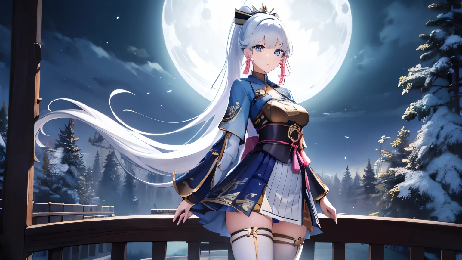 1girl, solo, long hair , looking at viewer, blue eyes, large breast, thick thighs, beautiful face, beautiful eyes, white kimono, white hair, ponytail, parted lips, forest, at night, moon light from behind, standing on a wooden bridge, white stockings, standing,