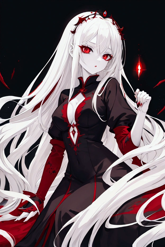Anime girl with long white hair, red slit eyes, pale skin, smooth skin, glossy lips, medium breasts, black and red medieval dress, vampire, gorgeous