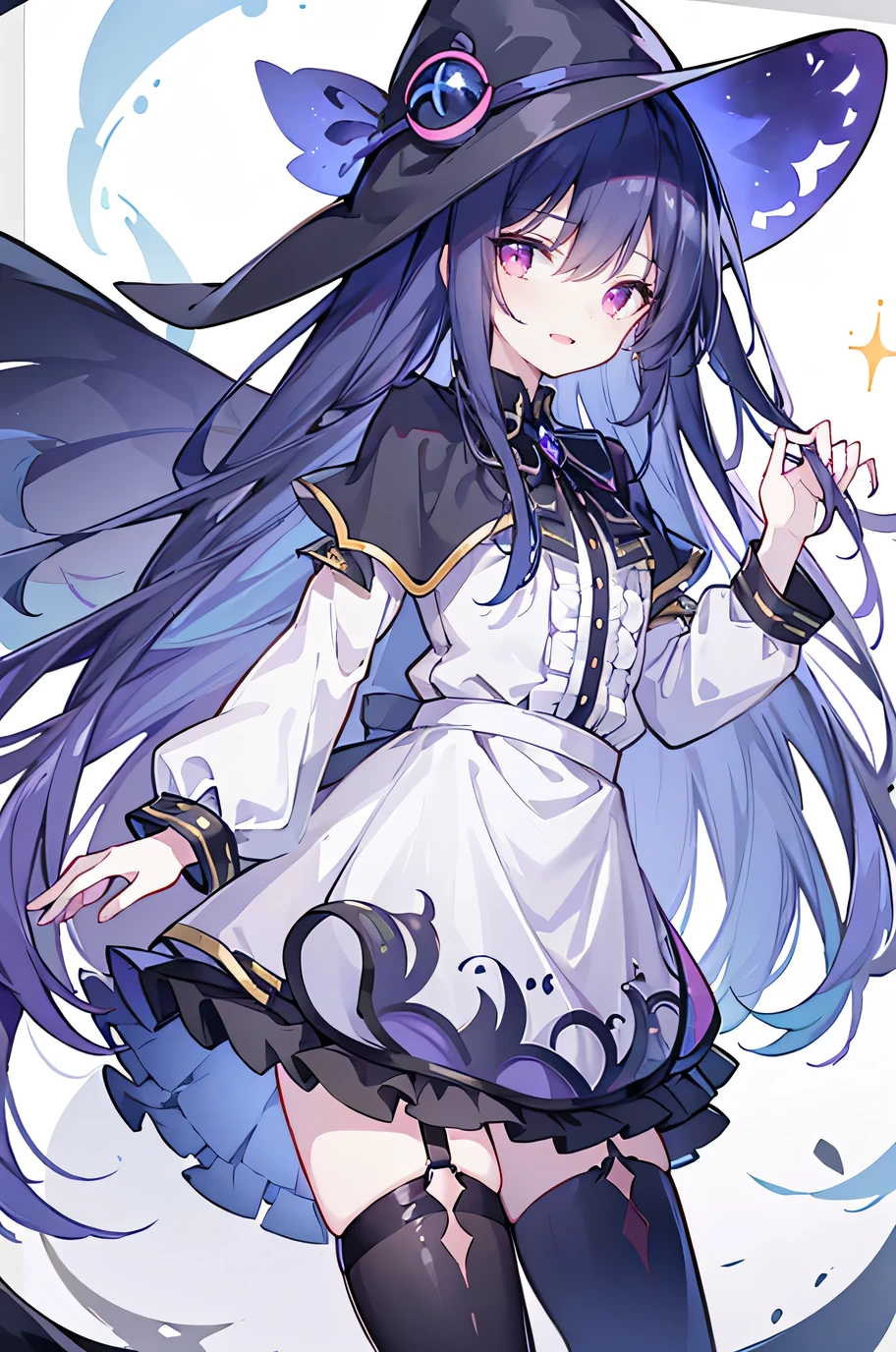 oung Girls,Humanity,A magician always smiles,big witch hat,cute,dark blue long hair,The eyes are dull,The bangs are heavy,Thin eyebrows,fantasy,intake,Double teeth,Star Theme,Constellation pattern,Solid color clothetal decoration,cloak,A bit of a dark atmosphere,A little crazy smile,When the big moon shines outside at night,blood,Hair black star embellishment,Short tie,No nails,High waist skirt,Bell sleeves,Long-sleeved shirt,Black tie,low risk,gentlemen。Mist、Yellow and white effect，Shocking pink as an accent color