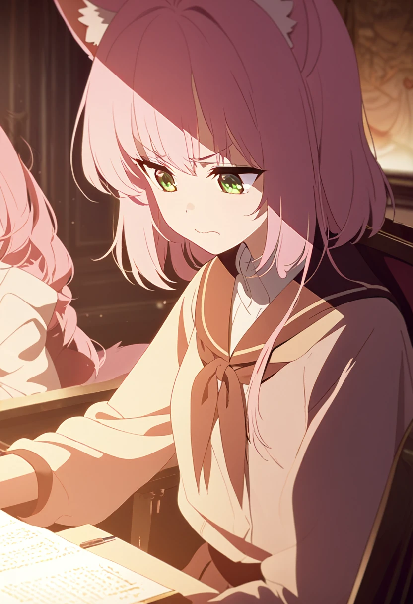 a Young girl, kitsune girl, long pink hair, green eyes, long kitsune ears, large and long pink tail, School uniform,, beautiful detailed eyes,  soft lighting, warm color palette, , cinematic composition, dramatic lighting, highly detailed, intricate details, big sensually, Sitting in a chair taking an exam, with an annoyed expression, looking at the exam