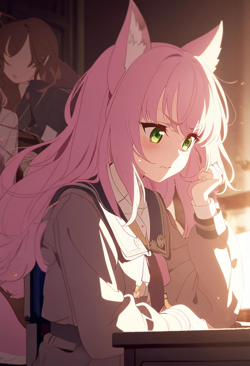 a Young girl, kitsune girl, long pink hair, green eyes, long kitsune ears, large and long pink tail, School uniform,, beautiful detailed eyes, soft lighting, warm color palette, , cinematic composition, dramatic lighting, highly detailed, intricate details, big sensually, Sitting in a chair taking an exam, with an annoyed expression, looking at the exam