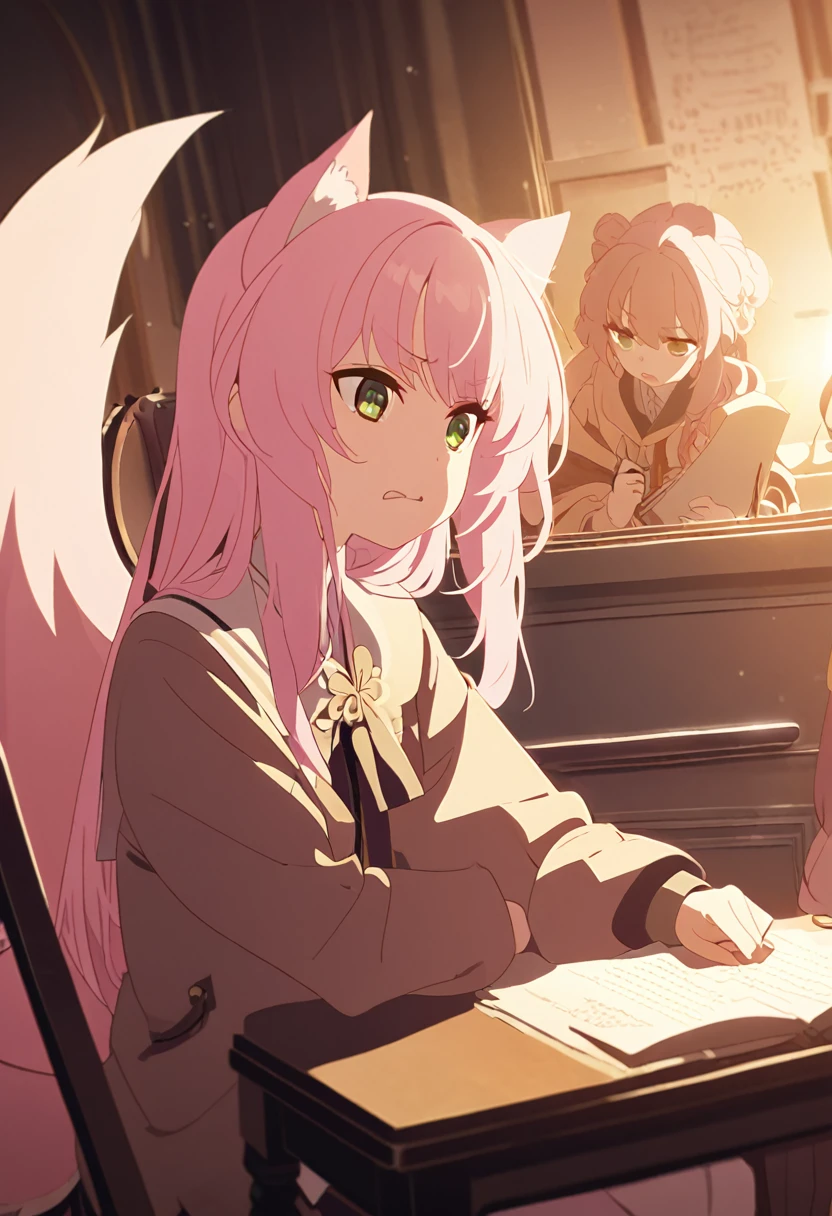 a Young girl, kitsune girl, long pink hair, green eyes, long kitsune ears, large and long pink tail, School uniform,, beautiful detailed eyes,  soft lighting, warm color palette, , cinematic composition, dramatic lighting, highly detailed, intricate details, big sensually, Sitting in a chair taking an exam, with an annoyed expression, looking at the exam