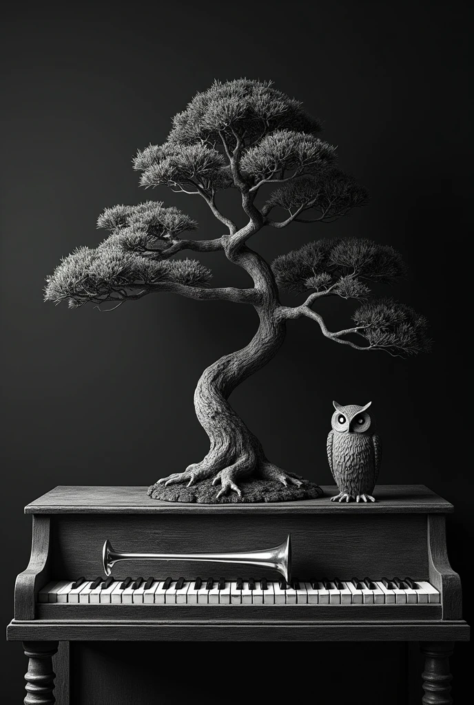Bonsai tree and silver trumpet on an old piano and a small owl gargoyle statue, black