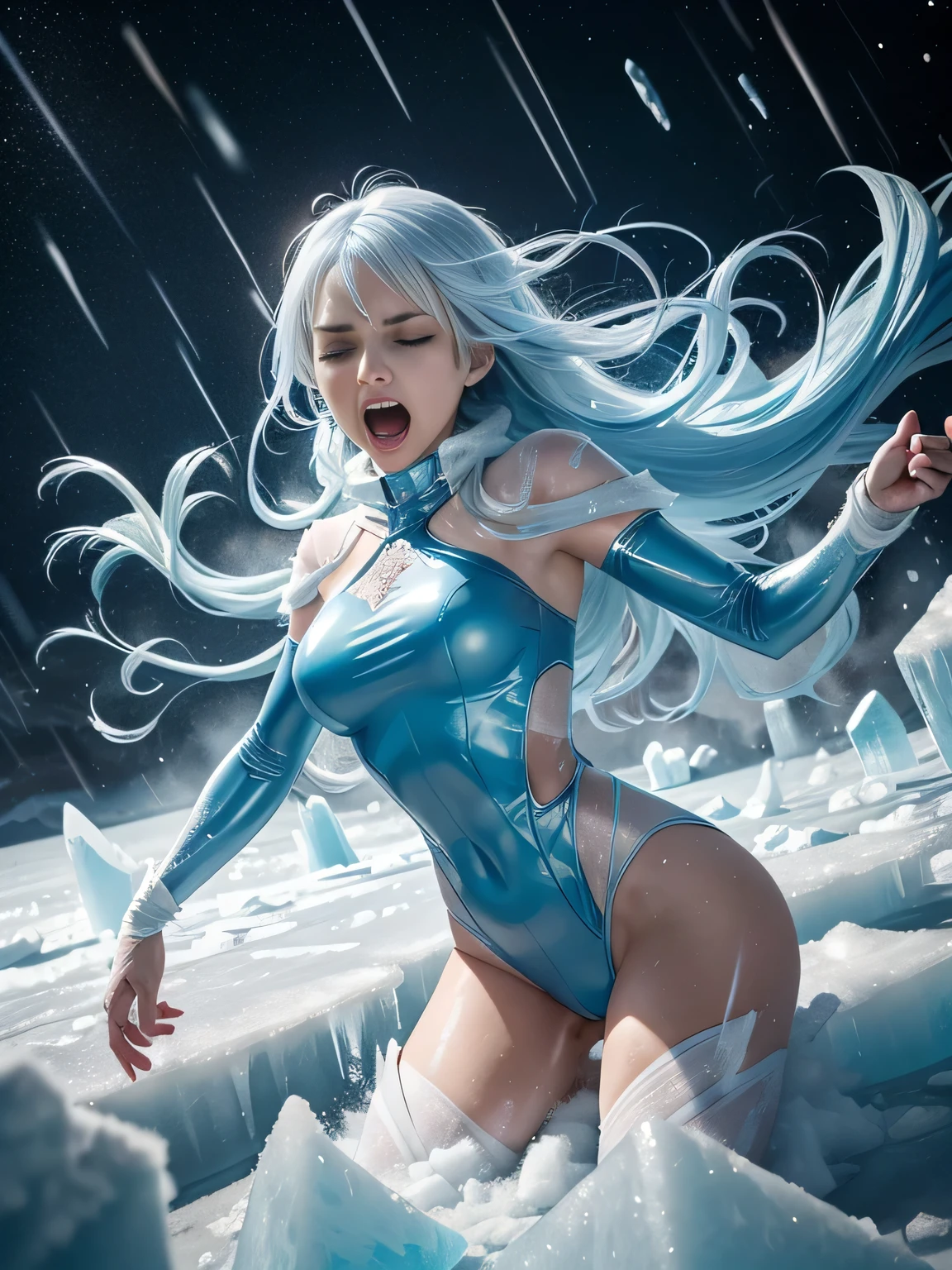 superheroine, long long gorgeous light blue hair, slender body, latex, leotard, blue and white costume, enveloped cold storm, white cold air, (in frying many ice bullets), trapped in ice, (she is frozen in ice), ice cube is covering her, body frozen, limbs frozen, all over frozen, intense blizzard space distorted, cruelly, (painful), helpless, (screaming in pain), (screaming in ice prison), eyes closed, gritting teeth, suffering, (lying face up), spreading hands, lifting feet off the ground, being blow through the air, ((ice rain hiting her hard)), seen many ice explosion, explosion hitting her, hair swaying in cold air, in land of ice