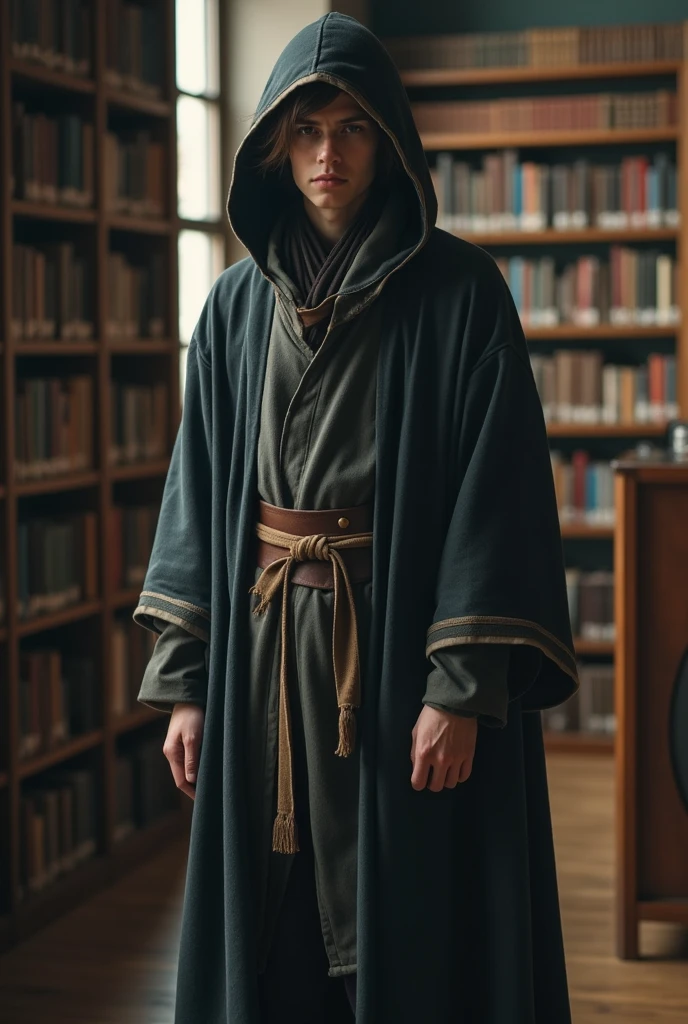 AGE MALE WITH LONG HAIR WEARING LONG CLOTHING WITH TRANSPARENT HOOD IN A SAD LIBRARY