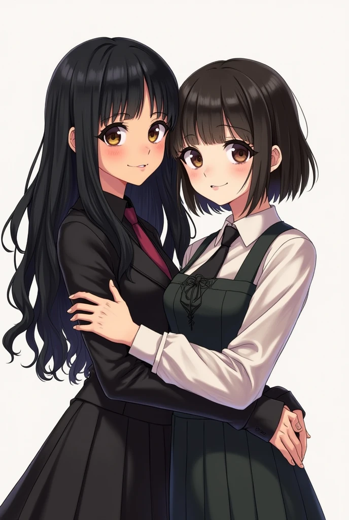 Drawing of two age girls together, a light-skinned one, Brown eyes, slightly short and straight black hair, dressed in nice clothes, The other one has slightly dark skin, Brown eyes, long wavy black hair, dressed in gothic clothing.