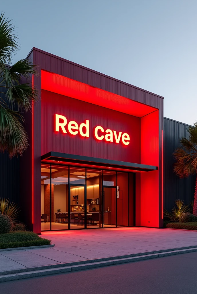 Commercial warehouse, with a red facade, metal in the shape of a warehouse, lights and palms on the outside, striking sign with the name "Red Cave" is a cabinet company