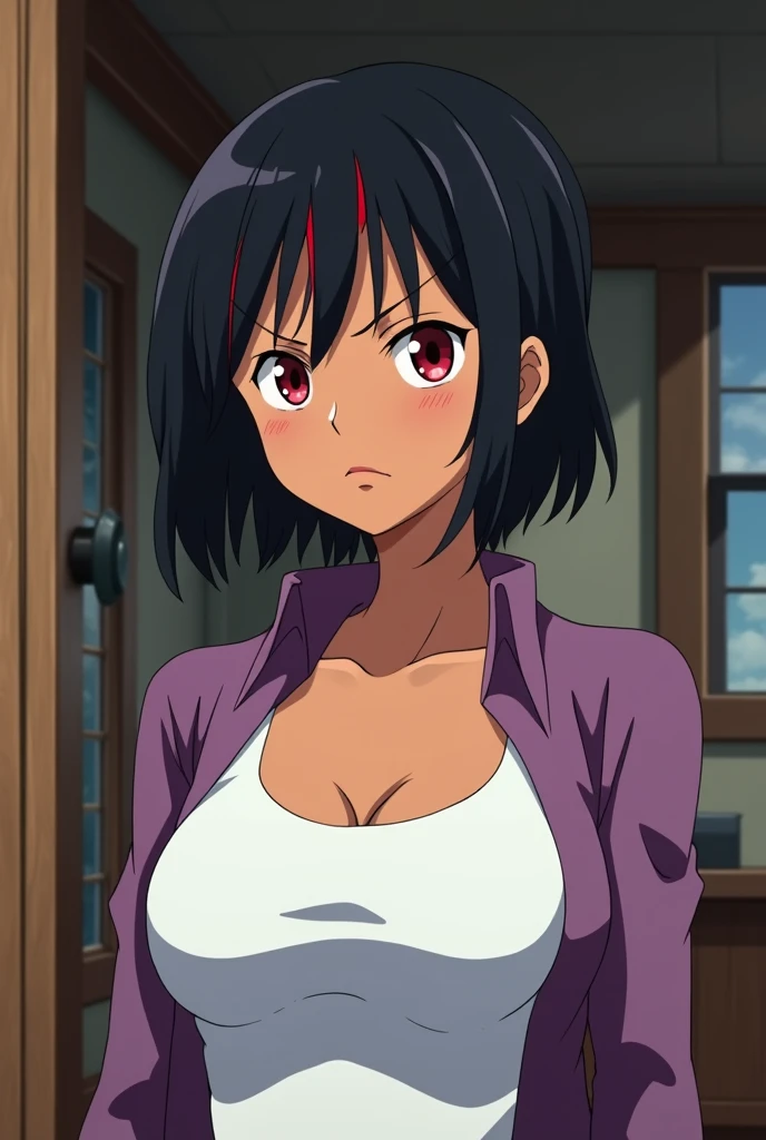 take from the waist to the head, animation style Toei animation, anime One Piece. 23 year old woman. Dark skin. jet black hair with red tips. short straight hair to the ears. bright scarlet eyes ,peach colored lips, soft features, annoyed and mature expression, medium breasts, flat stomach. white sleeveless top with no collar and a purple shirt, cabin atmosphere of a ship 