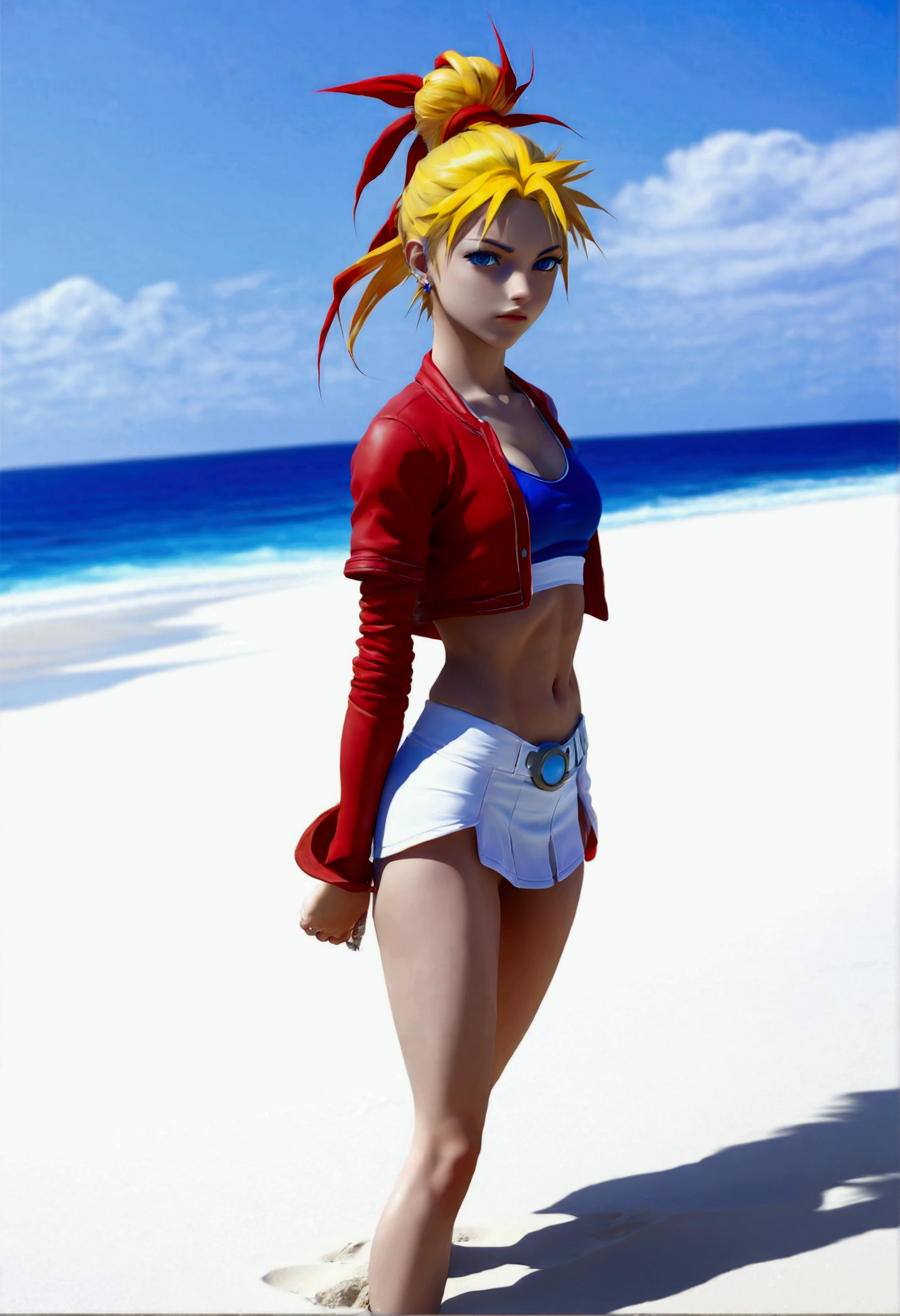 (promotional art), (Whole body view), (Kid from Chrono Cross:1.4), yellow hair in high ponytail braid, sapphire blue eyes, very slender toned frame, medium/large bust, pale white skin, (pair of white claw marks on both inner thighs;1.3), fierce expression, BREAK: (tight red micro skirt with very high front slit), high cropped red jacket with short sleeves, skin tight white sports bra under jacket, (tight white sports bra:1.25), loose brown leather ankle boots, BREAK: 1/4 walking pose, on a white sand beach, ocean spray shooting up behind her