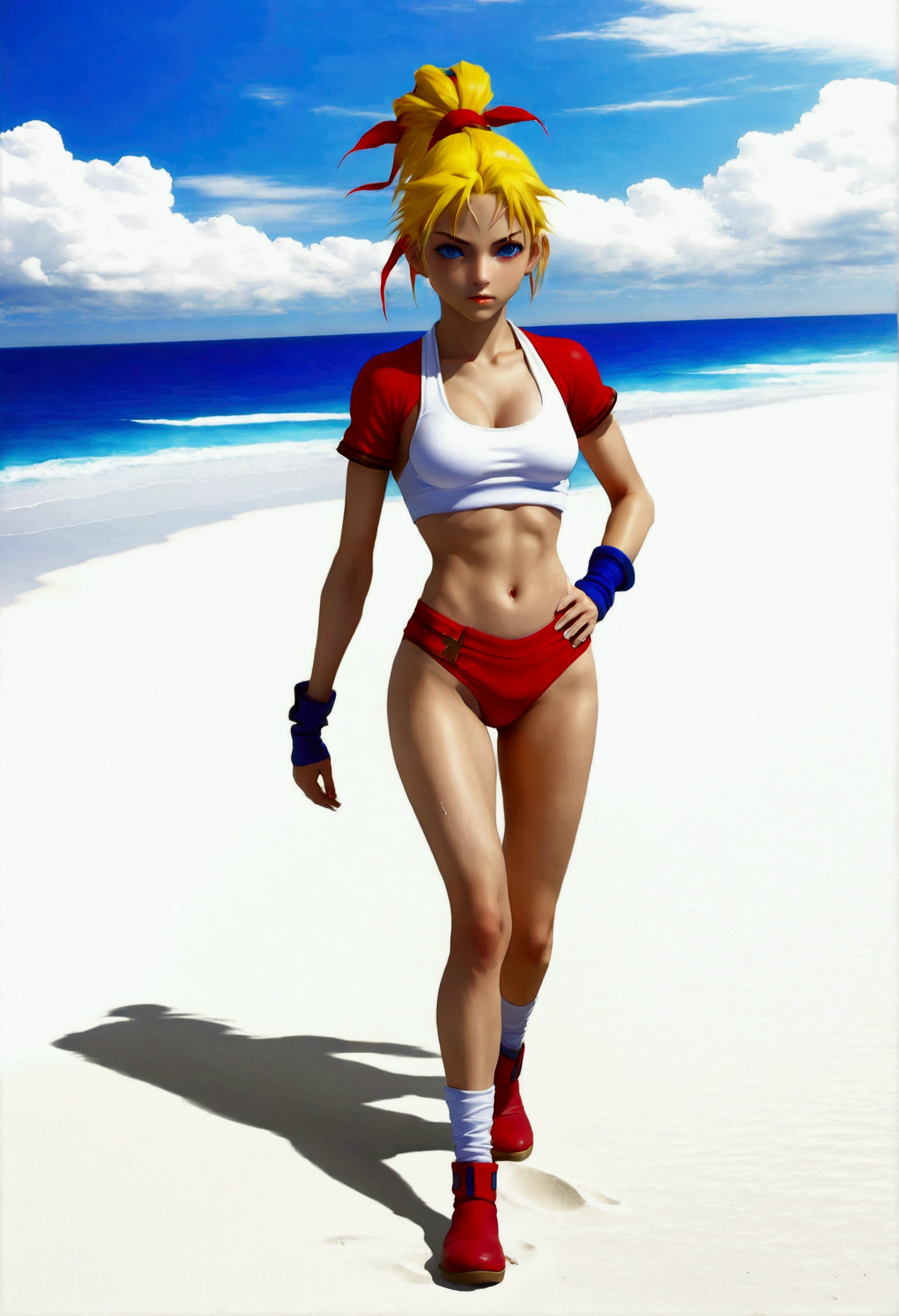 (promotional art), (Whole body view), (Kid from Chrono Cross:1.4), yellow hair in high ponytail braid, sapphire blue eyes, very slender toned frame, medium/large bust, pale white skin, (pair of white claw marks on both inner thighs;1.3), fierce expression, BREAK: (tight red micro skirt with very high front slit), high cropped red jacket with short sleeves, skin tight white sports bra under jacket, (tight white sports bra:1.25), loose brown leather ankle boots, BREAK: 1/4 walking pose, on a white sand beach, ocean spray shooting up behind her