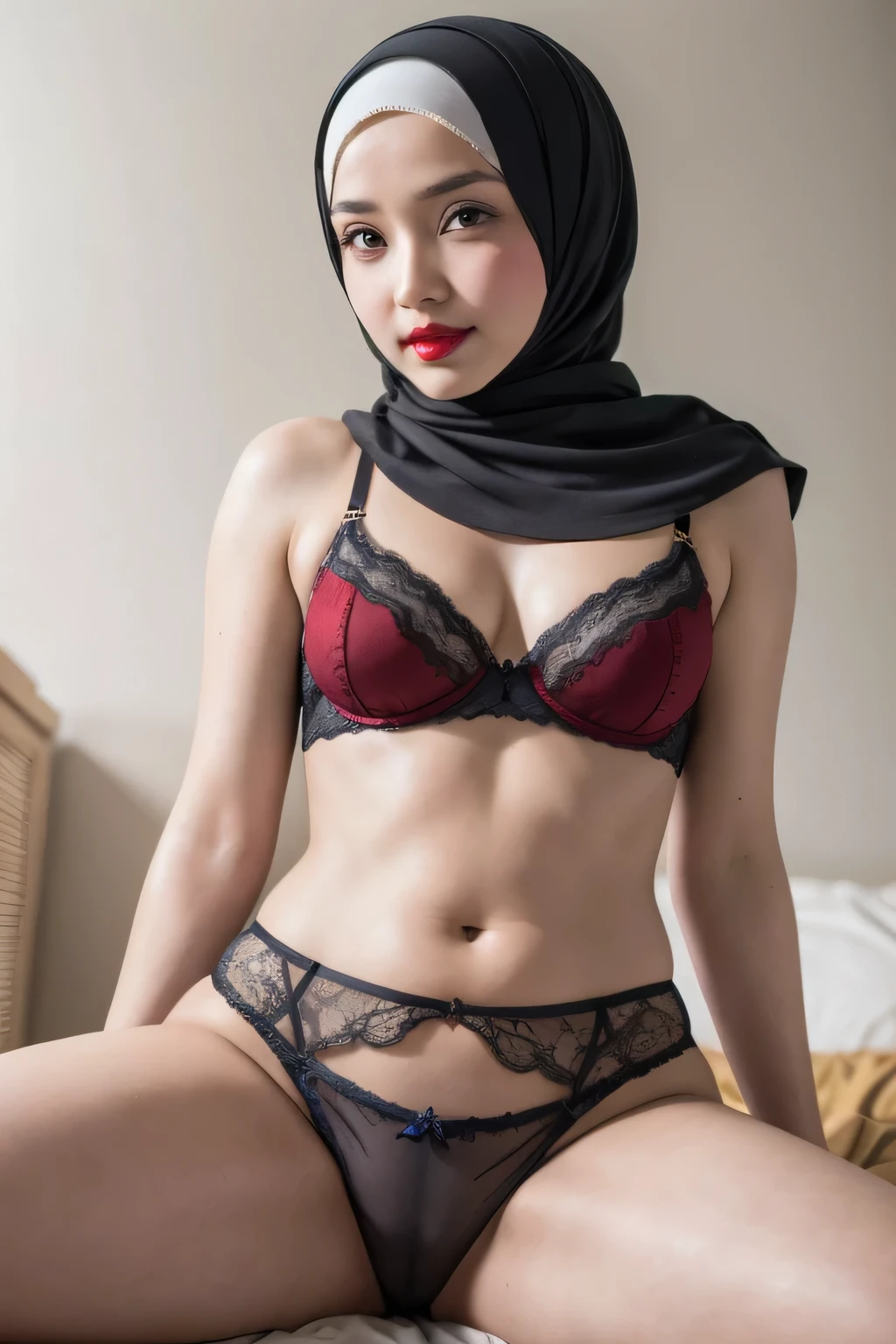 "Naked Lingerie Bra" ((Stylista Hijab)), (Malaysia female), age , 8K, photottorialism, G-String, ((RED LIPSTICK)), Straddling