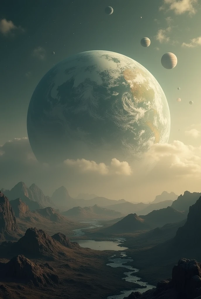 a flat, circular earth, detailed planets in the sky, surreal celestial landscape, dramatic lighting, cinematic mood, muted color palette, photorealistic, 8k, high quality, masterpiece, hyperdetailed, volumetric lighting, intricate details, cinematic composition, thought-provoking, imaginative, mysterious atmosphere