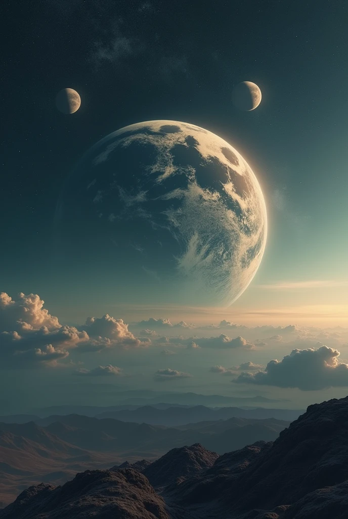 a flat, circular earth, detailed planets in the sky, surreal celestial landscape, dramatic lighting, cinematic mood, muted color palette, photorealistic, 8k, high quality, masterpiece, hyperdetailed, volumetric lighting, intricate details, cinematic composition, thought-provoking, imaginative, mysterious atmosphere