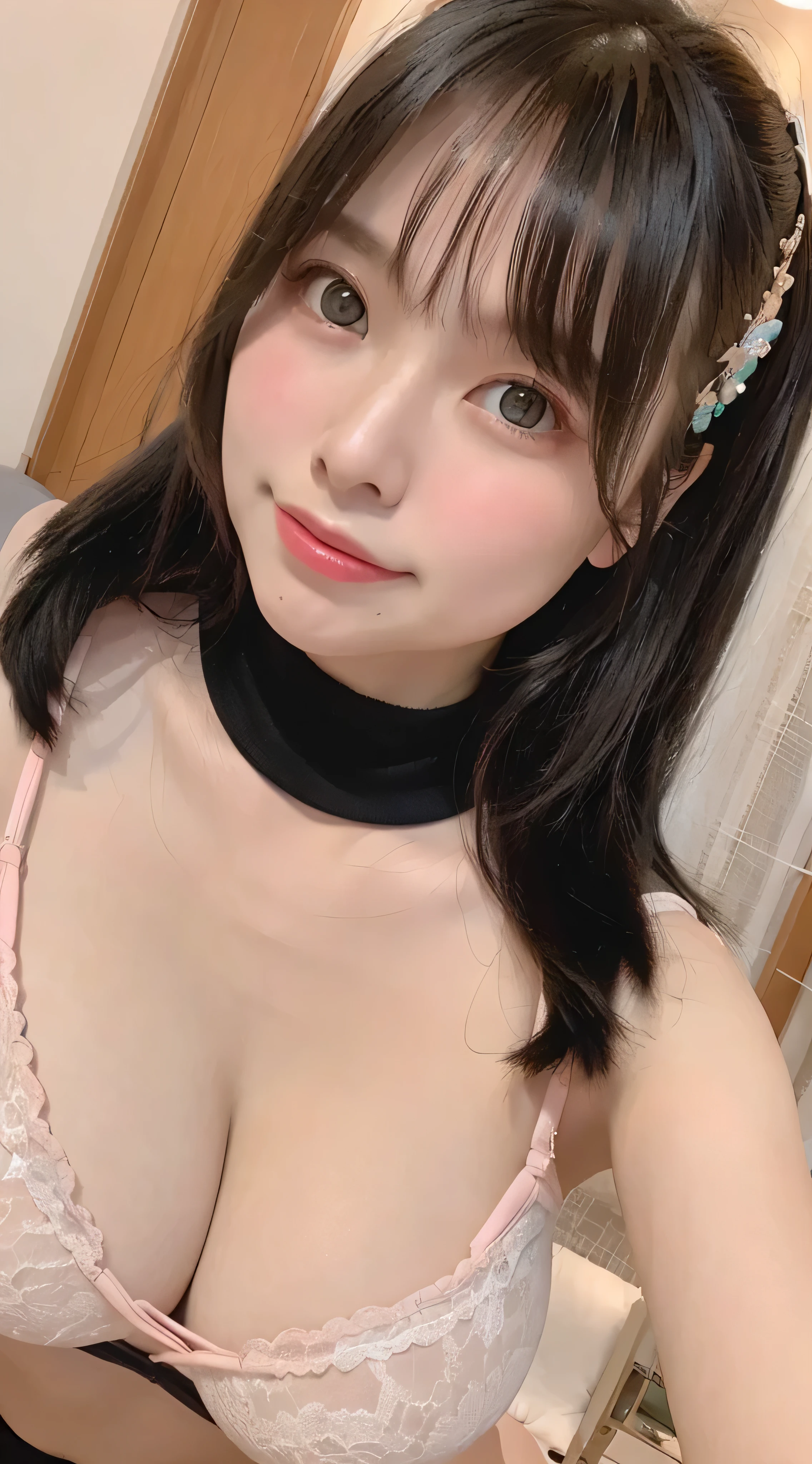 1 female、Highest quality、Ultra-high resolution、(Realistic:1.4)、blush、cute、(Detailed face)、Laughter、Looking into the camera、Inside the room、Black underwear、Huge 、Accentuate your breasts、Large Breasts、Shortcuts in the Eyes、Face close-up、Married women