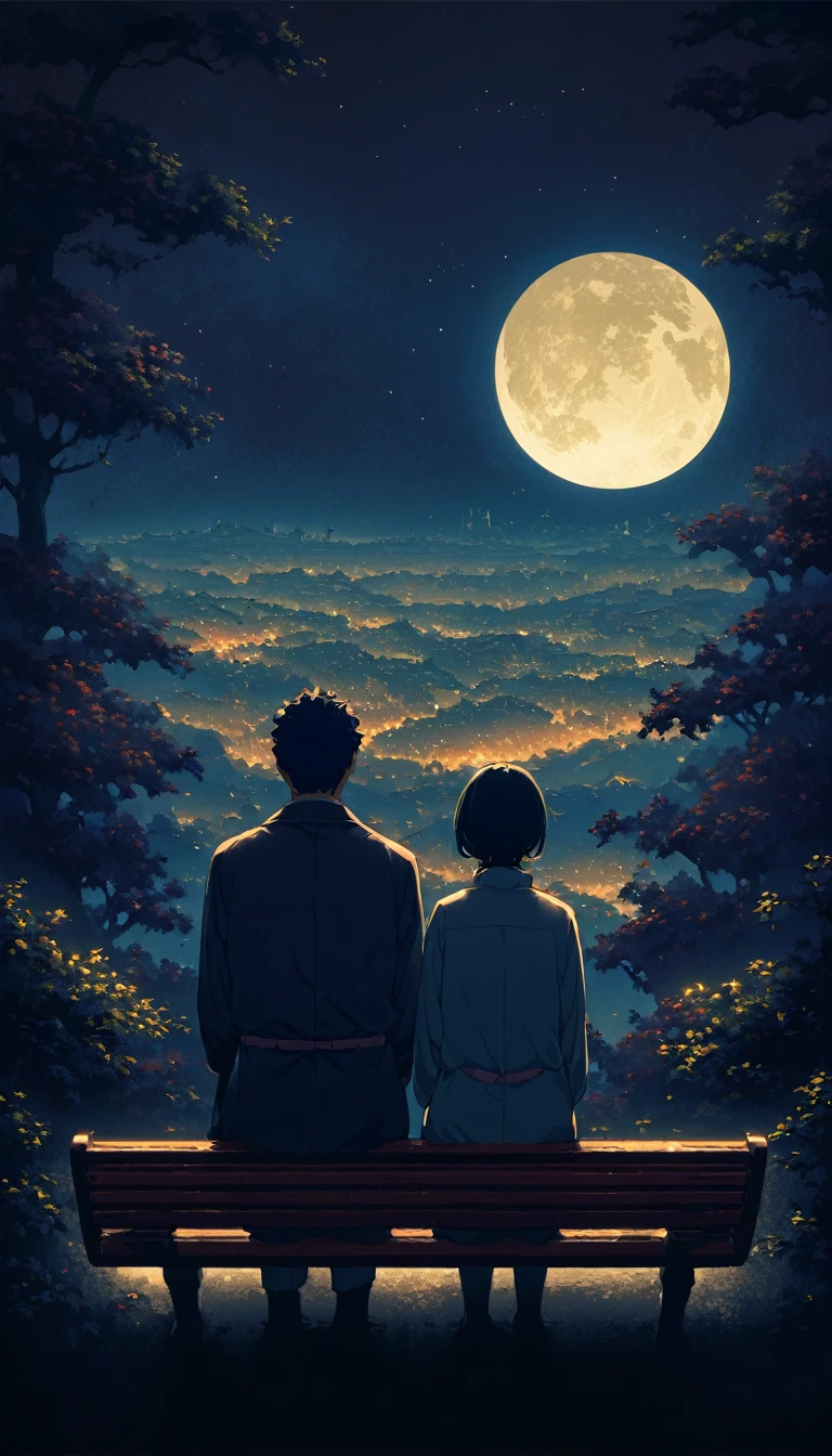 Highest quality、masterpiece、Beautiful landscape painting、night、night間、(((nightの公園のTwo people sitting on a benchの男女、Two people sitting on a bench)))、(((Rear viewの男女、Two people standing nearby)))、Rear view、美しいRear view、Rear view、dark、full moonのnight、full moon、nightのベンチ、Meiji was a custom、Rear viewの二人、Long Shot、Full body angle、dark照明、moonlight、