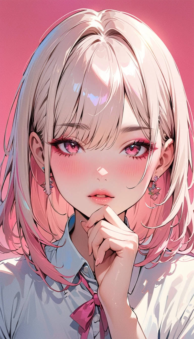 (masterpiece, Highest quality:1.4), 1 girl, solo, Anime Style, colorful students, Blurred vision, A face thinking about something, Hand on chin pose, Perfect Fingers, Pink lower lip, Japanese school girl makeup, Neon Hair, Asymmetrical bob hairstyles, Long bangs on one side, Color Highlights, Schoolgirl uniform, Pure pink background.