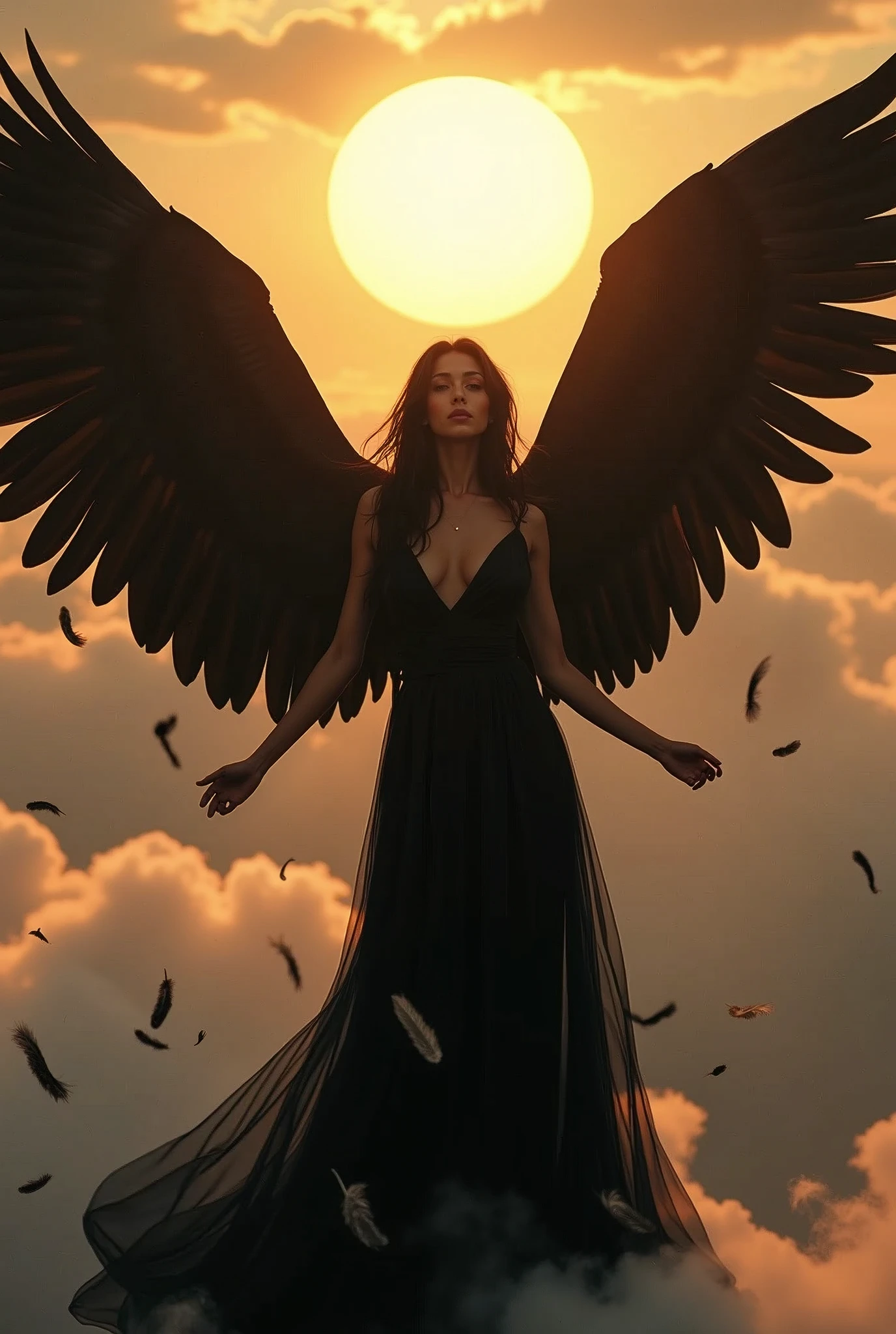 20 year old, woman, long black dress, low-cut dress,, full body, perfect body, levitating, big black wings, many feathers falling from the sky, black hair, large breast, big hard sun behind, omniscient clouds, rays of light in the camera, european women.