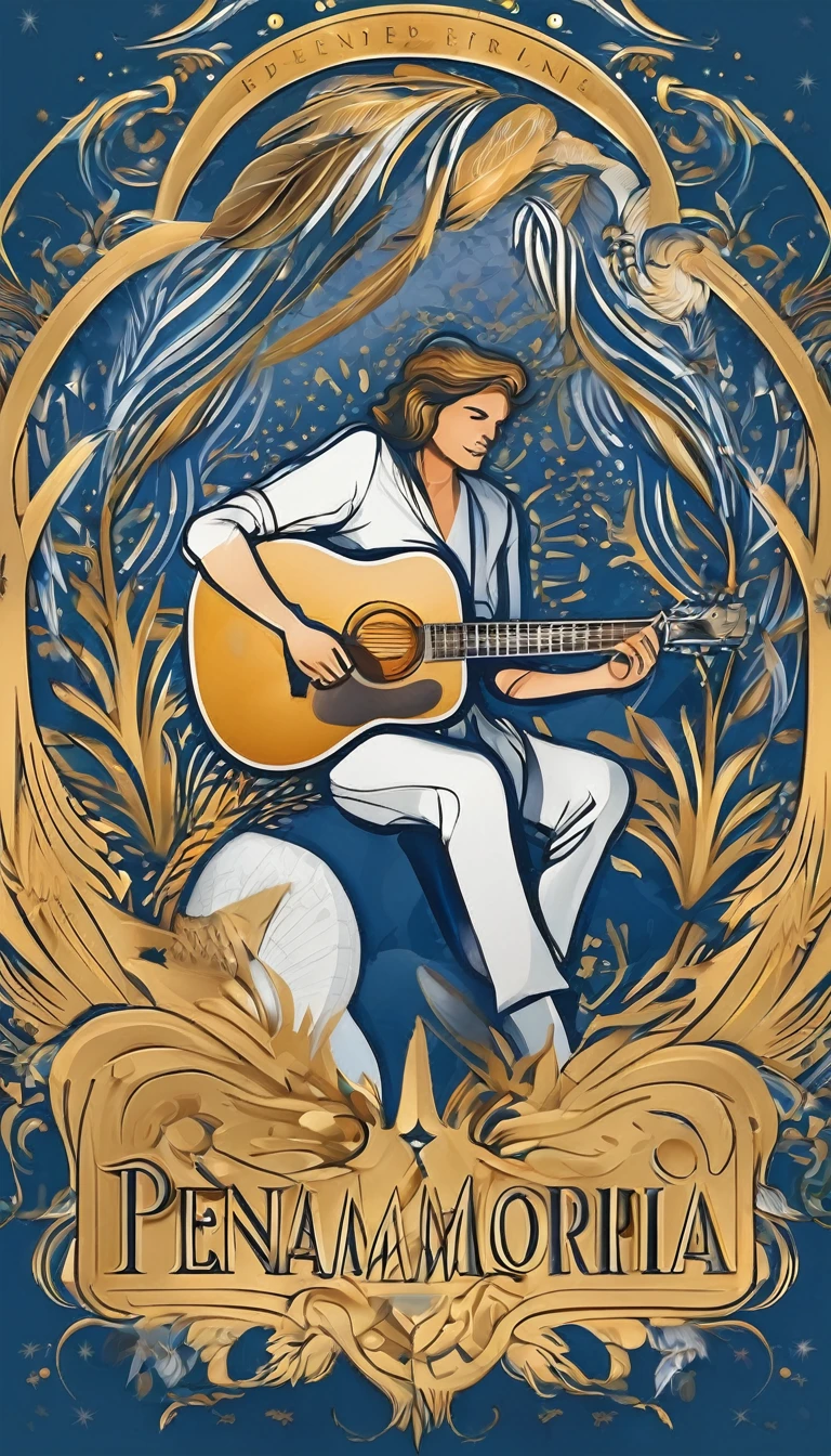 Create a cinematic, abstract symbol for a storytelling production brand based on stories and dreams called " Penamemoria". The logo should convey a fantasy theme and include the company of a boy and a feather. Fantastic, memorable, poetic, dreamy, sitting against a tree and playing guitar to a fantastic, unique, poetic white-blue-golden feather.