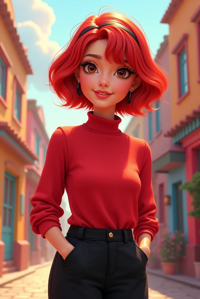Barbie cartoon style, with brown eyes,short red hair and black tips,red long sleeve shirt,black pantaloon