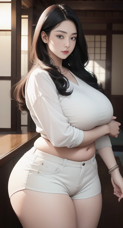 There is a woman taking a picture wearing a white shirt and white shorts., beautiful Thick female, Tsk tsk tsk, wide hips, Thick thighs, attractive plus size model, Rubenesque, Thick legs, big thighs, plus size women, 가장 wide hips, Thick body, Thick, Attractive hourglass shape, Attractive models, Arabian-Japanese Goddess , Beautiful attractive woman, slightly fat arms , Equip 5 bracelets, Wear 3 diamond necklaces, huge breasts, Fat sagging breasts, 미친듯 huge breasts