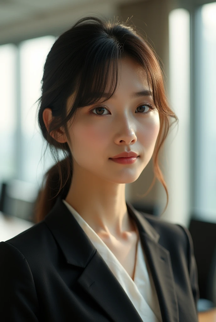 An elegantly dressed Japanese woman in natural light、A close-up of her chest and calm expression.、It shows her inner peace and outer charm.。Office Conference Room。Office formal attire。secretary、30 years old、Beauty
