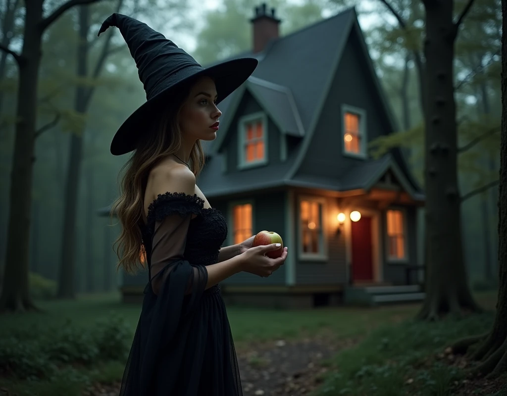 In a dark forest, a beautiful witch with big breasts and a body that exudes voluptuousness, temptation and pleasure, wearing a beautiful, sensual, elegant and transparent black dress, the red color of a lipstick gives it even more sensuality. She is outside a house that seems to have come from a fairy tale, in the hands of the witch is a beautiful and juicy apple, but this is not a story of Snow White, in fact the witch is there to seduce someone, she will use all her knowledge in the Art of Seduction, after all she is there to satisfy all her debauchery with someone who lives in that house, pleasure, voluptuousness, debauchery and the fulfillment of the wildest desires will dominate the night.