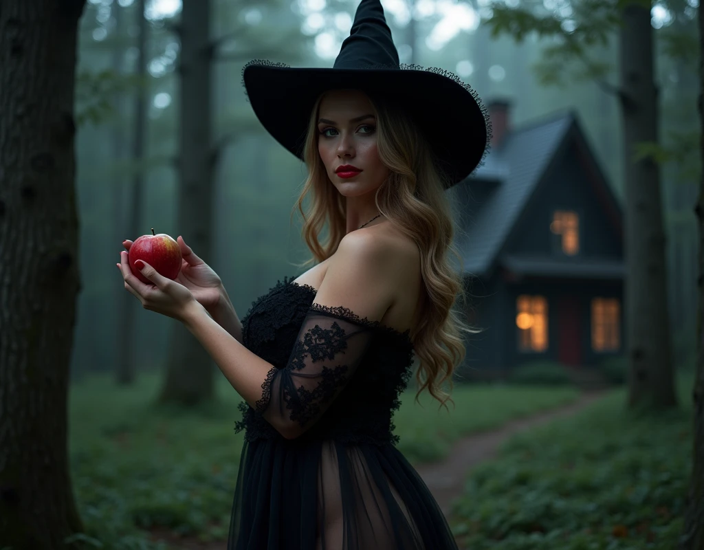 In a dark forest, a beautiful witch with big breasts and a body that exudes voluptuousness, temptation and pleasure, wearing a beautiful, sensual, elegant and transparent black dress, the red color of a lipstick gives it even more sensuality. She is outside a house that seems to have come from a fairy tale, in the hands of the witch is a beautiful and juicy apple, but this is not a story of Snow White, in fact the witch is there to seduce someone, she will use all her knowledge in the Art of Seduction, after all she is there to satisfy all her debauchery with someone who lives in that house, pleasure, voluptuousness, debauchery and the fulfillment of the wildest desires will dominate the night.