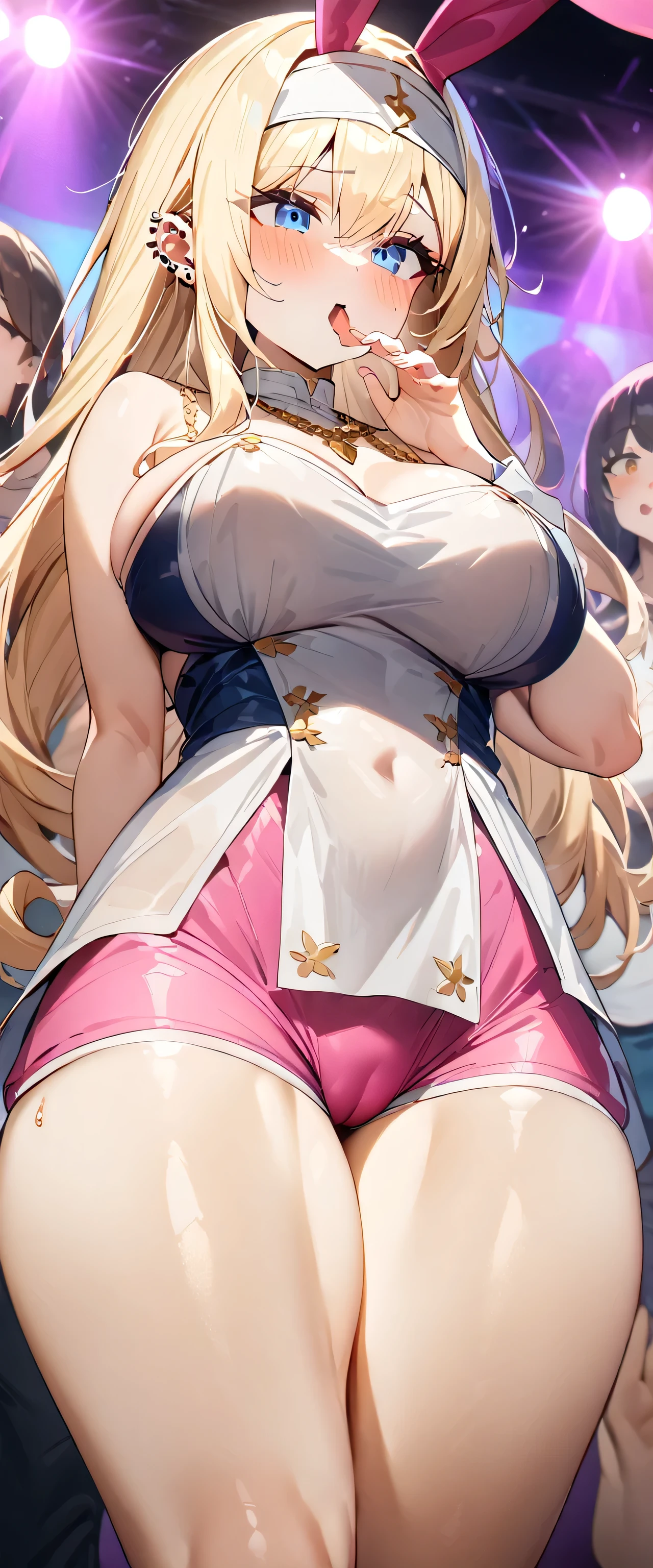 Being fondled by a group of black people,Young Girls,1 girl,Super delicate skin,Radiant Skin,Moist oily skin, devil smile,big chest,Chest,Fellatio Gesture,gesture,Show your thighs,Vibrant colors,masterpiece,best quality,Extremely detailed,high resolution,Nightclub,Look at the audience,,((masterpiece、best quality、Very detailed)、((A girl))、blond,Dark skinned hottie,Tattoo,Pink underwear,nun,Wearing a gold necklace on her head,Reverse Bunny Girl,Cover your mouth with gauze、Blue eyes、((There are many piercings))、((Big Chest))、Cowboy shooting、Shot from below、Purple light strip,((best quality)), ((masterpiece)), (detailed), (character focus、Chest Focus,whole body), Thick Legs,Long hair,curls,Thick thighs,Large Breasts,Half Chest Exposed,Fascinating three-dimensional,Fascinating three-dimensional,Fascinating three-dimensional,Whole body soaked,Shortness of breath,Bright Pink