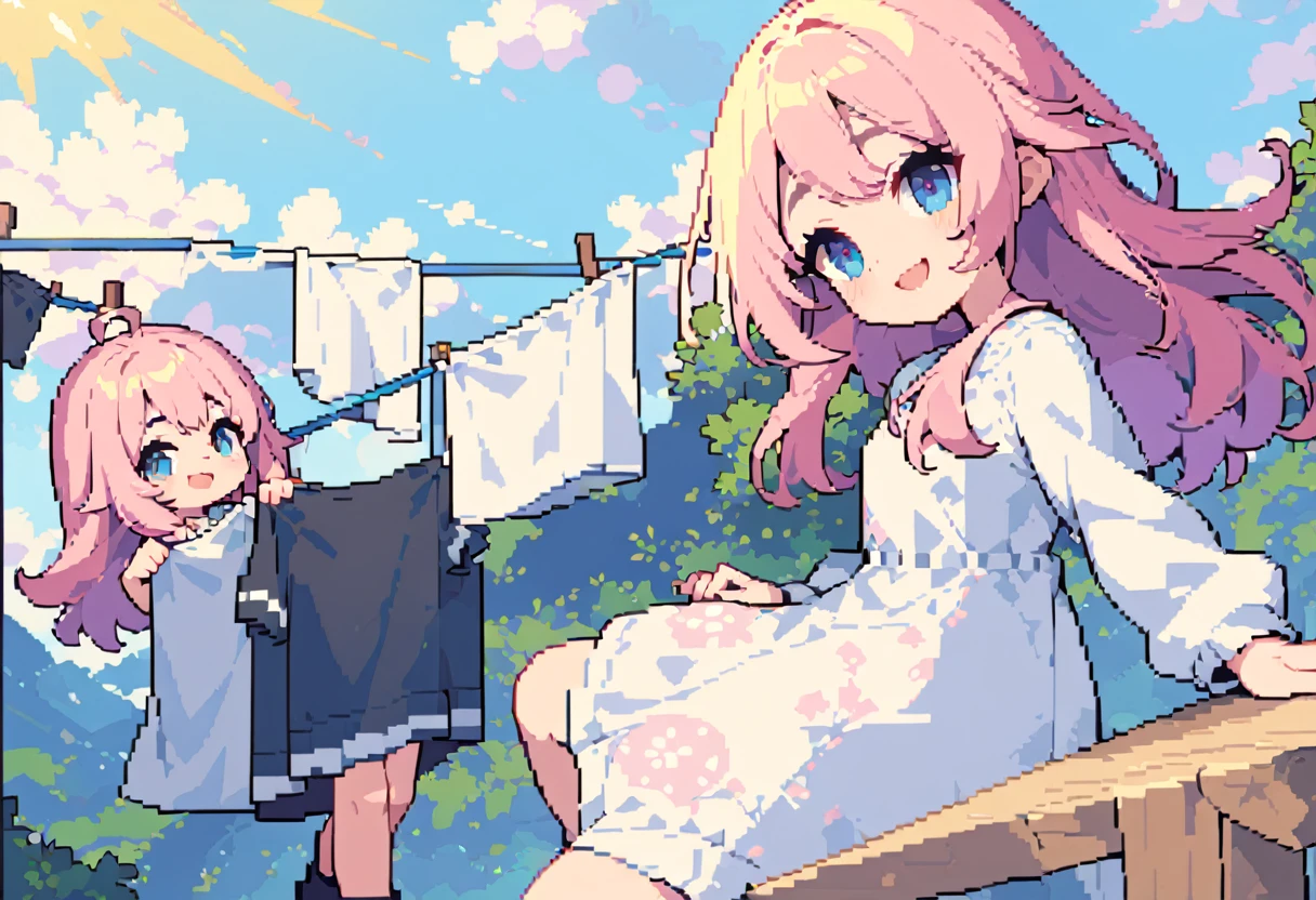 masterpiece, Highest quality, 8k, Pixel art, Pixel art, Vivid, high details, young woman, smile, cute, Directed at an angle, Open your mouth, Fluffy hair, Long Hair, Hair like sheep's hair, Pink Hair, eyebrow, 太いeyebrow, Hanging out the laundry, Large white sheets, Clothesline, sun, blue sky