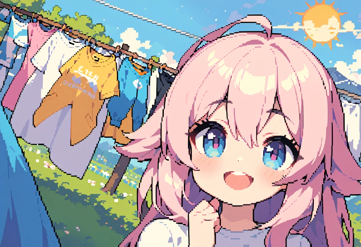 masterpiece, Highest quality, 8k, Pixel art, Pixel art, Vivid, high details, young woman, smile, cute, Directed at an angle, Open your mouth, Fluffy hair, Long Hair, Hair like sheep's hair, Pink Hair, eyebrow, 太いeyebrow, Hanging out the laundry, Large white sheets, Clothesline, sun, blue sky