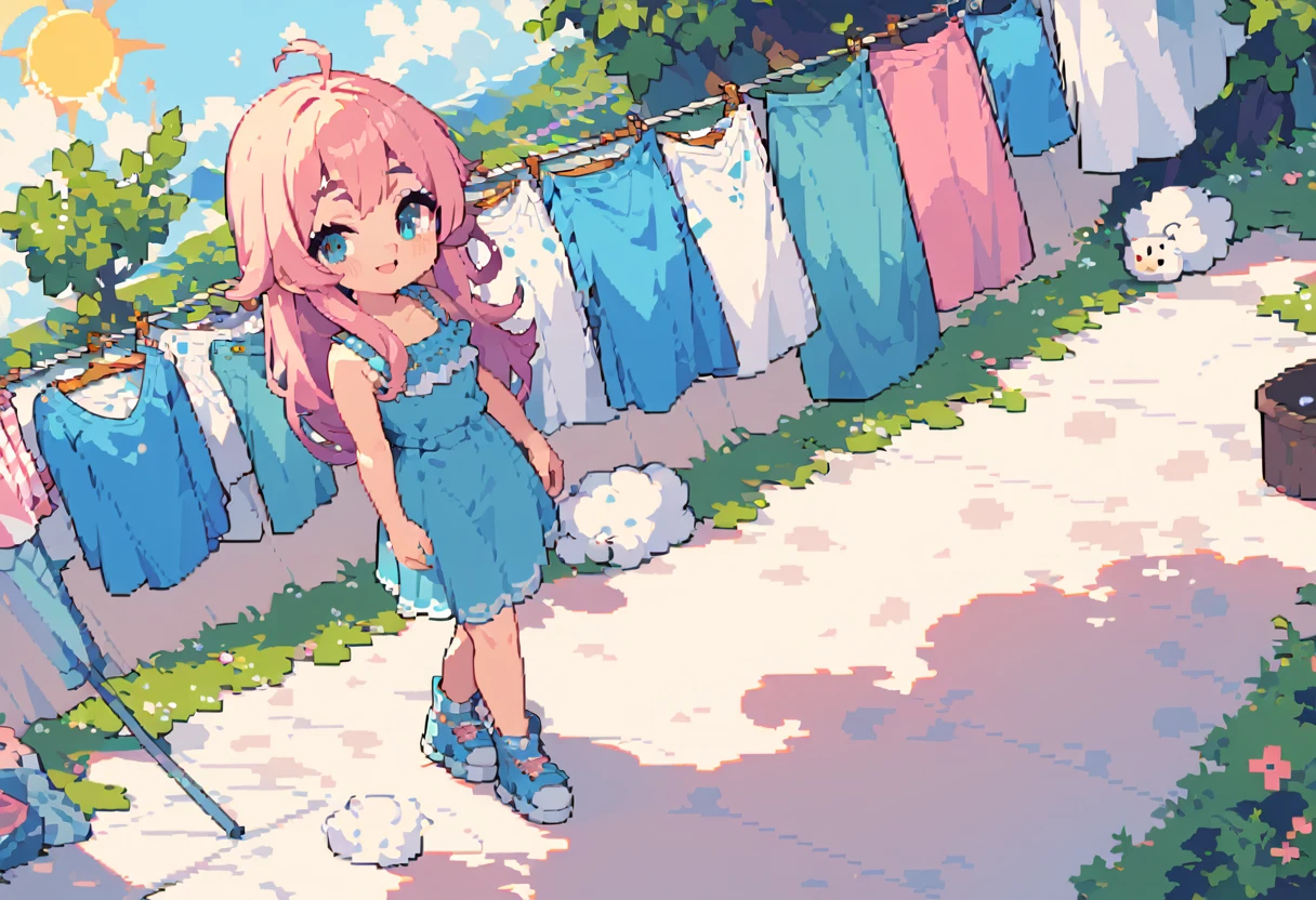 masterpiece, Highest quality, 8k, Pixel art, Pixel art, Vivid, high details, young woman, smile, cute, Directed at an angle, Open your mouth, Fluffy hair, Long Hair, Hair like sheep's hair, Pink Hair, eyebrow, 太いeyebrow, Hanging out the laundry, Large white sheets, Clothesline, sun, blue sky