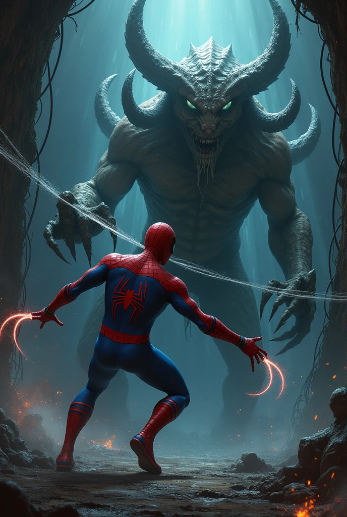 Make an image spiderman uses web shield against a creature in the love craft universe profile picture