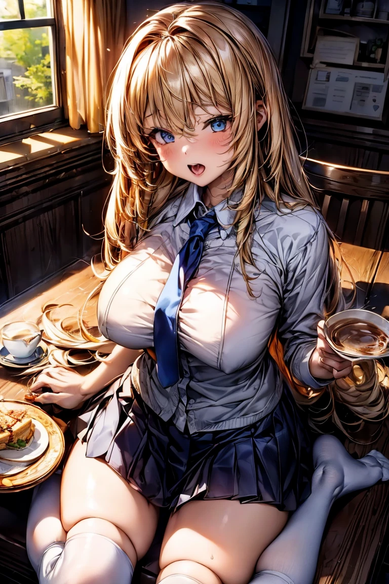 Browsing Caution,(((restaurant))),((Sit on a chair)),((Large table)),((Teacups on the table,Milk tea in a teacup,テーブルにShortcake,)),View from the other side of the table,((Eat with a fork)),((Plate on the table,Shortcake)),(Highest quality, 8k, masterpiece:1.3,beautiful girl),(((Woman 1))) (Very detailed)Glowing Skin,(((Long Hair,blonde,Beautiful Hair))),(Perfect Anatomy, Anatomically correct, Very detailed肌),((Golden Eyes)),((Perfect Fingers,Five Fingers)),((Light blue collared shirt, Navy pleated mini skirt, socks, Navy tie, Light brown cardigan, White knee socks)),Pink Panties, Knee-high socks,Knee-high socks on both feet,Double teeth,(((Heart symbol on eye))),Big Breasts,Big Ass,noon,Light pours in through the window,Top View,椅子とテーブルteeth別々is々teeth,Holding a teacup in your hand