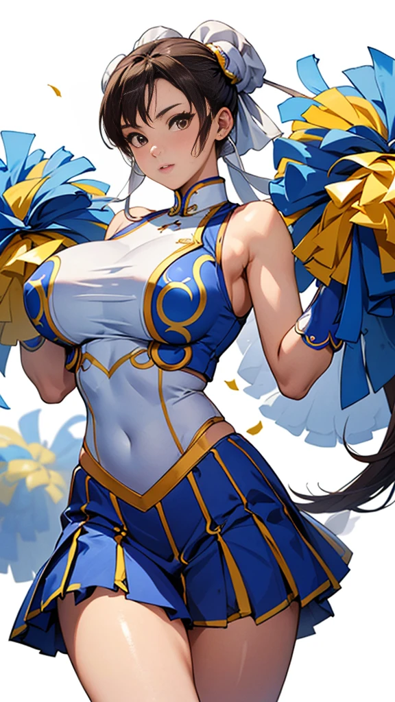 a woman ((beautiful, 21s,chun-li, big-huge breasts)) (( costume cheerleader)), beautiful model