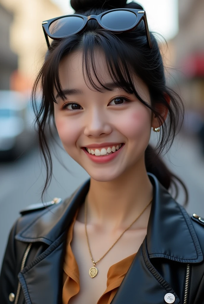 Beautiful young woman of the year、 Korean women、Black Hair、Hairstyle bun、Necklace around the neck、sunglasses、leather jacket、shirt、smile, Beautiful teeth alignment、Intricate details, Very detailed:1.2), 、 Looking into the camera,The background is the town、Ear piercing