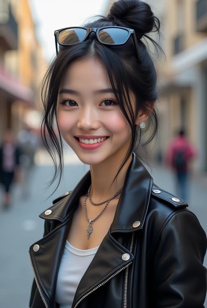 Beautiful young woman of the year、 Korean women、Black Hair、Hairstyle bun、Necklace around the neck、sunglasses、leather jacket、shirt、smile, Beautiful teeth alignment、Intricate details, Very detailed:1.2), 、 Looking into the camera,The background is the town、Ear piercing

