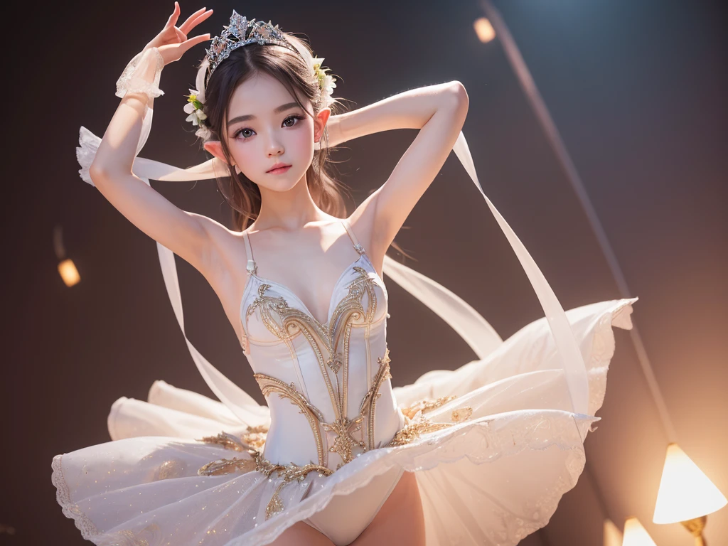 High resolution、High level image quality、16K、real live action、Raw photo、highest quality、masterpiece、23 year old elf girl、ballerina、unparalleled beauty、leotard、Wearing a tiara on your head、young face、(((beautiful girl)))、Dancing on stage、Swan Lake、long pointed ears