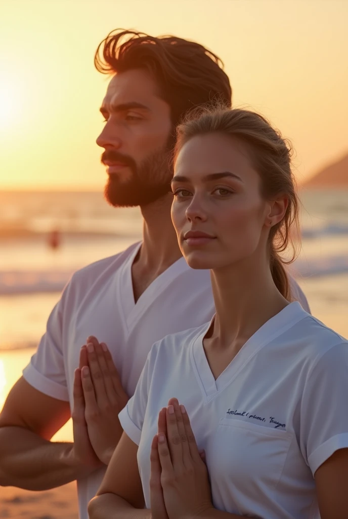 a handsome man and a beautiful woman, looking straight ahead, doing yoga on the beach, therapist uniform, sunset, 40 years old, beautiful almond eyes, Delicate nose and lips, height 170 cm, weight 70kg, Realist, (best qualityer,4K,8k,high resolution,work of art:1.2),ultra detaild,(Realist,fotorRealista,foto-Realista:1.37),HDR,High definition,studio lighting,ultra-fine painting,sharp focus,Physically based rendering,extremely detailed description,proffesional,bright coloured,bokeh,Portrait INFO