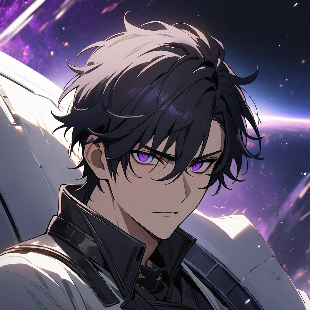 High quality, HD, 4k, no shadows, handsome male, handsome, 1male, 18 years old, , jet black hair, short black hair, dark hair, black hair, jet black hair, sharp eyes, deep purple colored eyes, dark purple colored eyes, deep purple eyes, purple eyes, devil may cry, close up, calm expression, stoic expression, black leather clothes, white leather clothing, lean body, well trained body, upper body, looking at viewer, cowboy shot, white solar, space background