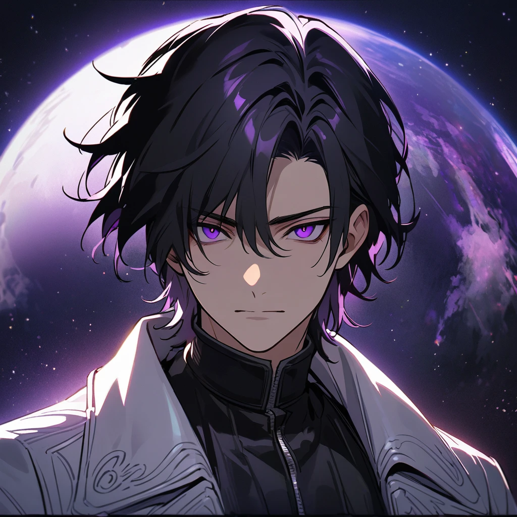 High quality, HD, 4k, no shadows, handsome male, handsome, 1male, 18 years old, mature, jet black hair, short black hair, dark hair, black hair, jet black hair, sharp eyes, deep purple colored eyes, dark purple colored eyes, deep purple eyes, purple eyes, devil may cry, close up, calm expression, stoic expression, black leather clothes, white leather clothing, lean body, well trained body, upper body, looking at viewer, cowboy shot, white solar, space background