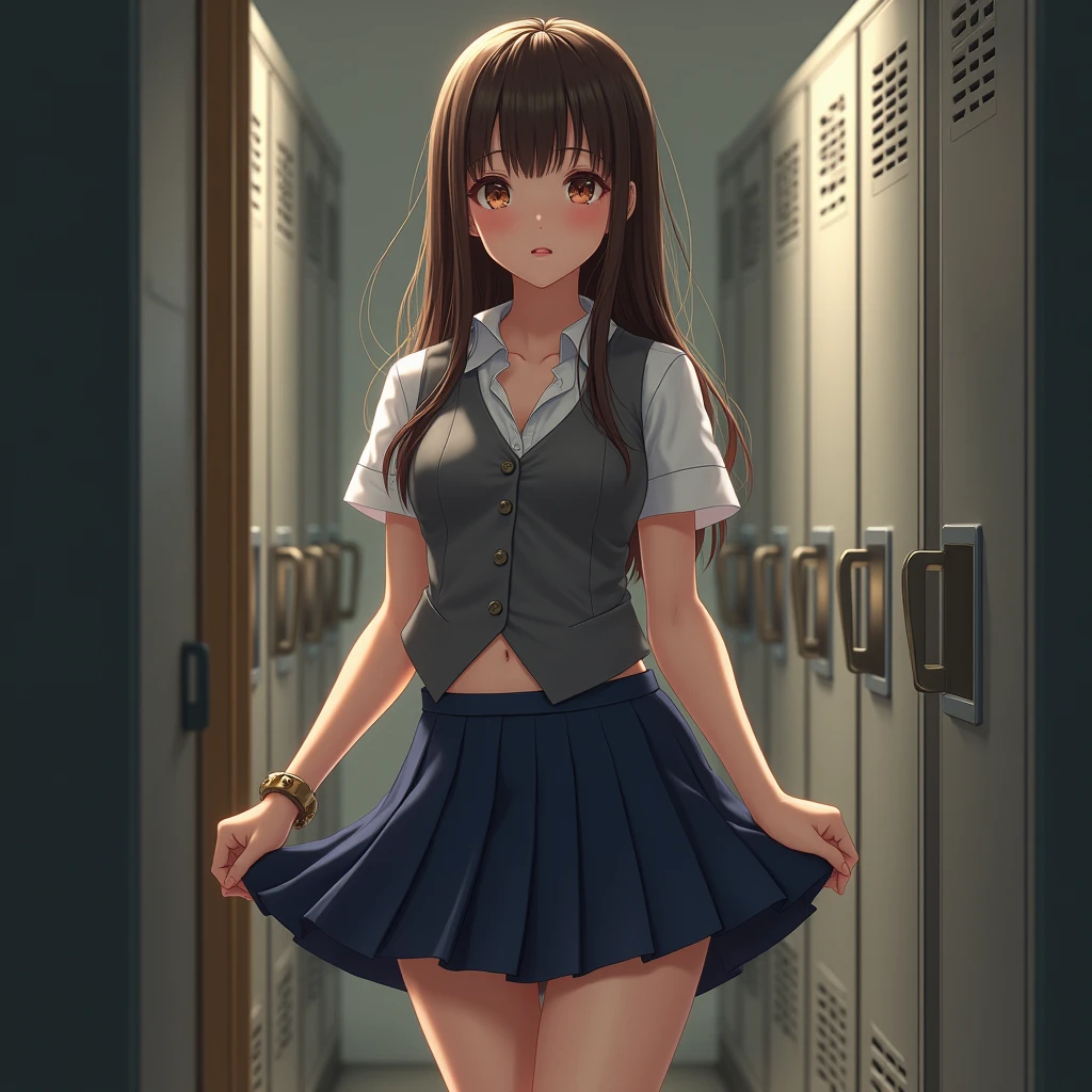 One girl、Excellent anatomy, masterpiece, Highest quality,Realistic, hyperRealistic, 16k hdr,(((skirt lift))),NSFW、White short sleeve shirt、Blue ribbon、Navy blue pleated skirt、Grey vest、Long Hair、Straight Hair、bangs、freckles、Brown Hair、high school girl、White panties、Slender、Slender body、In the locker room